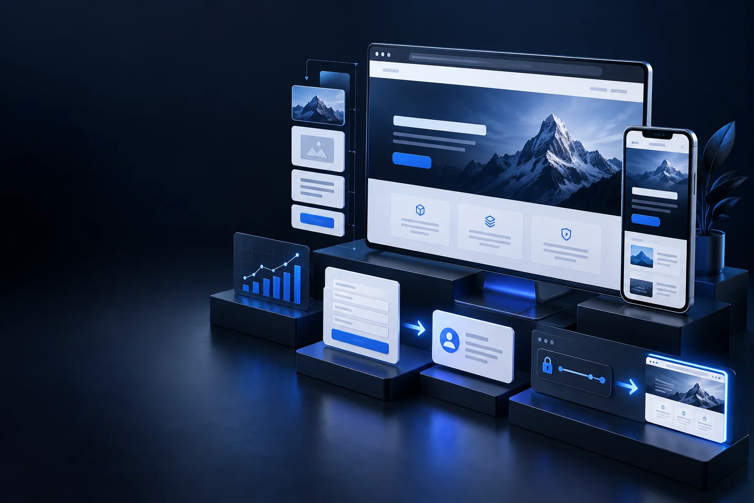 Masaüstü ve mobil kurumsal site ekranından form, analitik ve lead kaydına uzanan web sitesi sistemi
